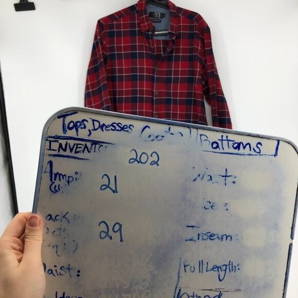 Simons le 31 red navy button down plaid flannel semi fit long sleeve Med - Picture 12 of 14